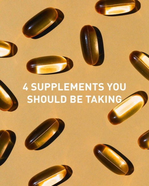 A clean, high-contrast flatlay of supplement softgels on a solid gold background featuring a bold, central headline about supplement recommendations.